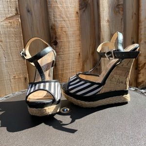 Black & White striped Wedges with tan platform